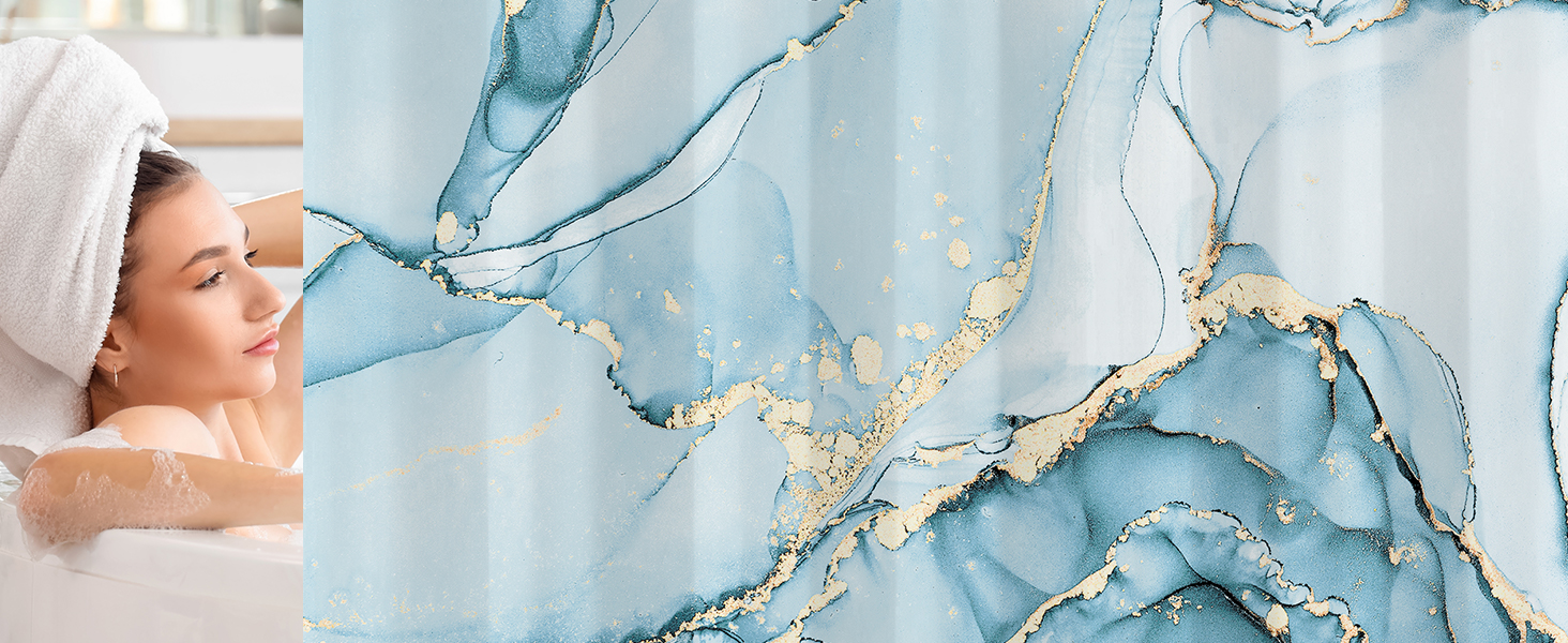 Штора для ванної кімнати 180x200 см, антигрибкова, водовідштовхувальна, поліестер, з кільцями (Світло-блакитний мармур)