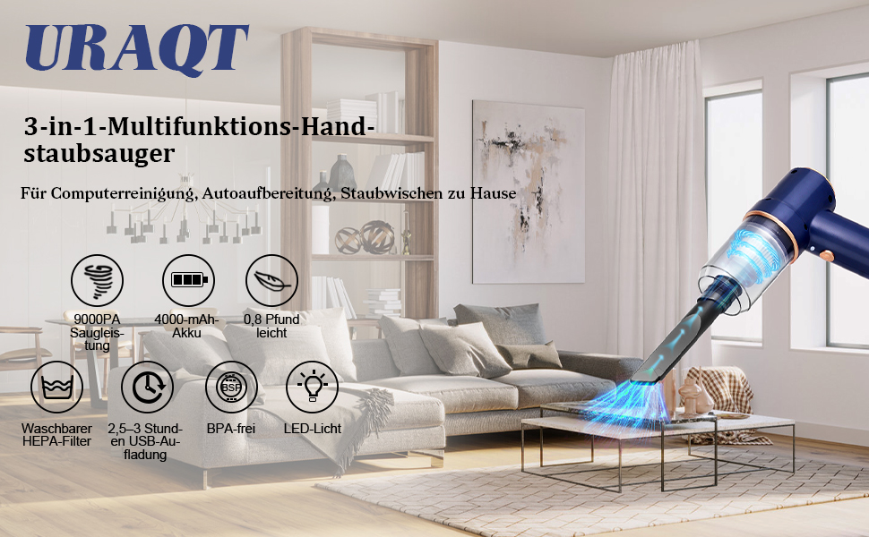 Акумуляторний ручний пилосос URAQT 9000 Pa 3-в-1 з док-станцією, USB зарядка, для авто, дому та шерсті тварин (Синій)