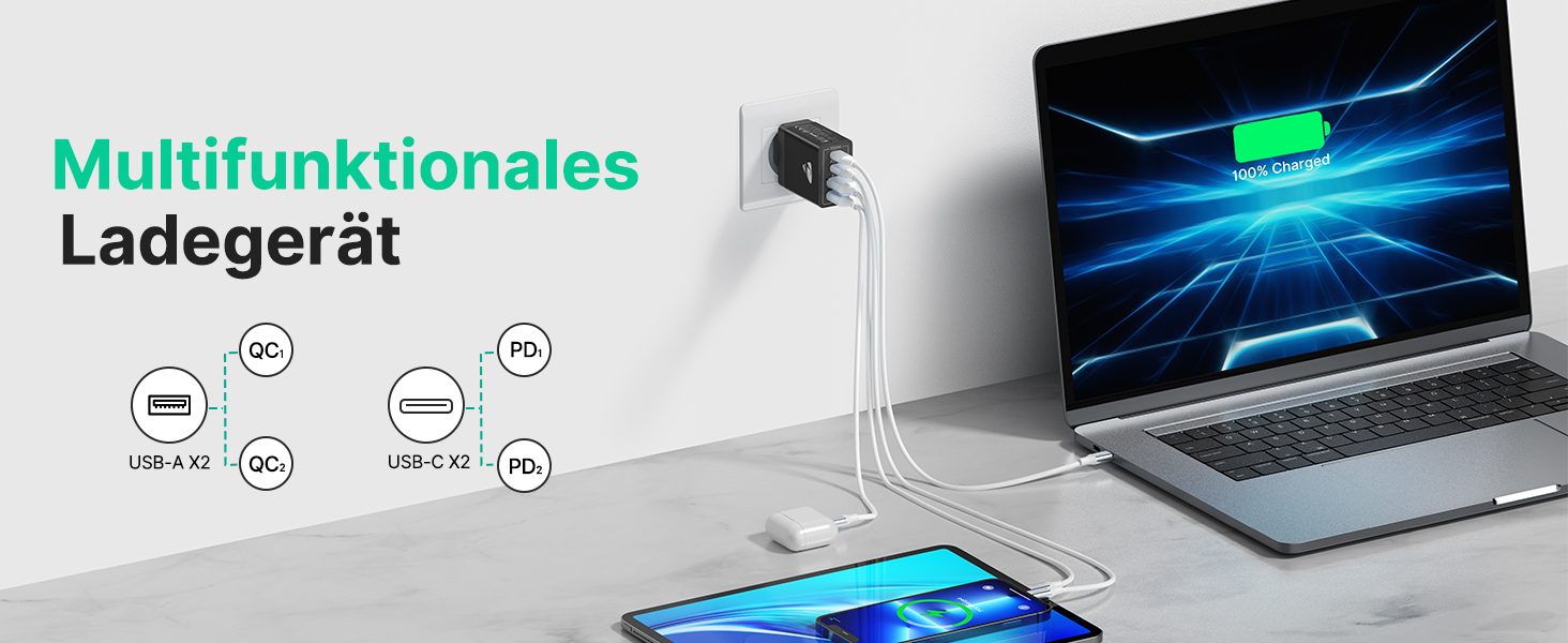 Зарядний пристрій Aioneus USB-C 40W, 4 порти PD 3.0 + QC USB-A, швидка зарядка для iPhone 15 Pro Max, Samsung та інших смартфонів - Чорний