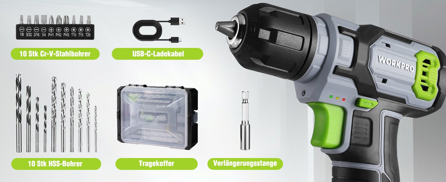 WORKPRO 8V Акумуляторний дриль-шуруповерт, комплект з кейсом, 2000 mAh, 10 мм патрон, 12 Н·м, LED, 21 шт. аксесуарів, для ремонту та DIY, сірий & зелений