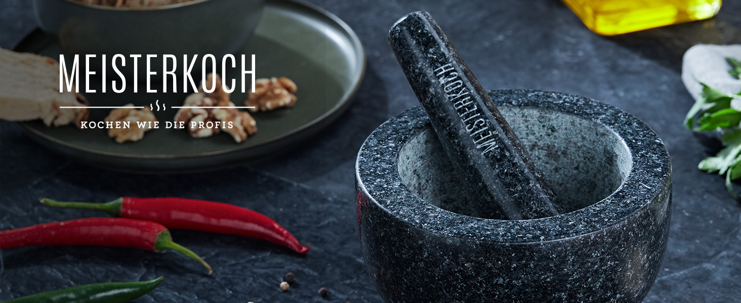 Гранітний ступка з толуштою Meisterkoch XXL для спецій, 3,5 кг, 15 см Ø, 450 мл, чорний колір