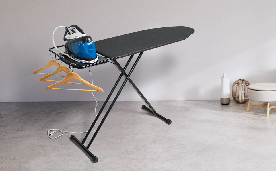 Прасувальна дошка Duwee Extra велика з парогенератором, термостійке покриття, регульована висота, міцні ніжки, 122 x 43 см (Чорна)