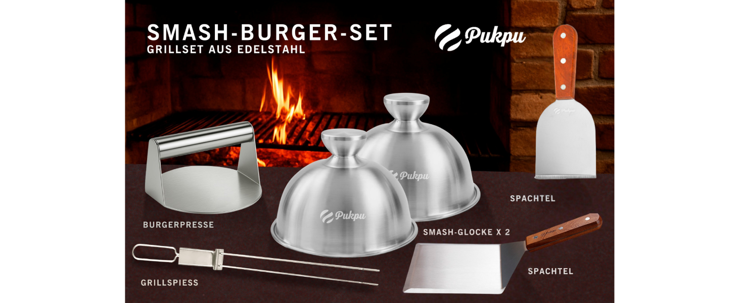 Набір для приготування Smash Burger: прес, сплескач, 2 кришки для плавлення, лопатка та шампури для гриля – подарунок для чоловіків та любителів гриля (6 шт, коричневий)