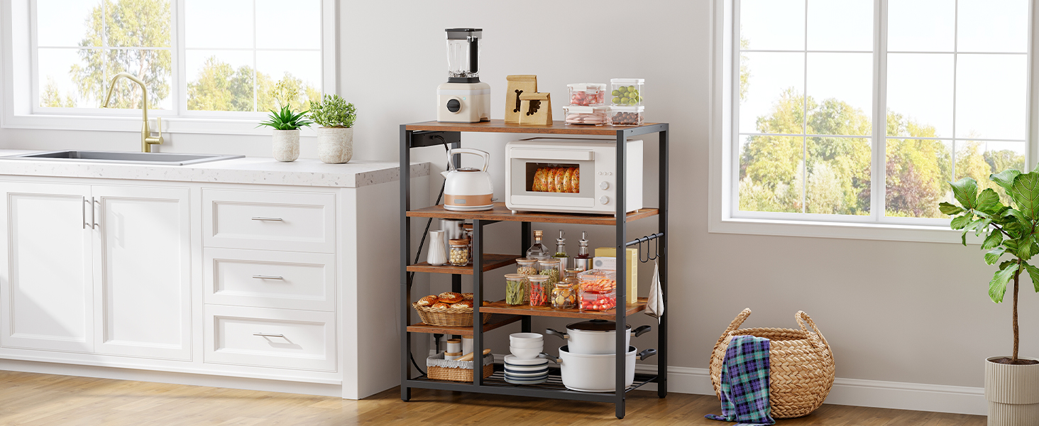 HOOBRO Поличка кухонна з розеткою (3 розетки з вимикачем), підлогова, для мікрохвильової печі з 3 знімними S-гачками, 5 ярусів, для кухні та вітальні, вінтажний коричневий та чорний колір, EBF25CHB01