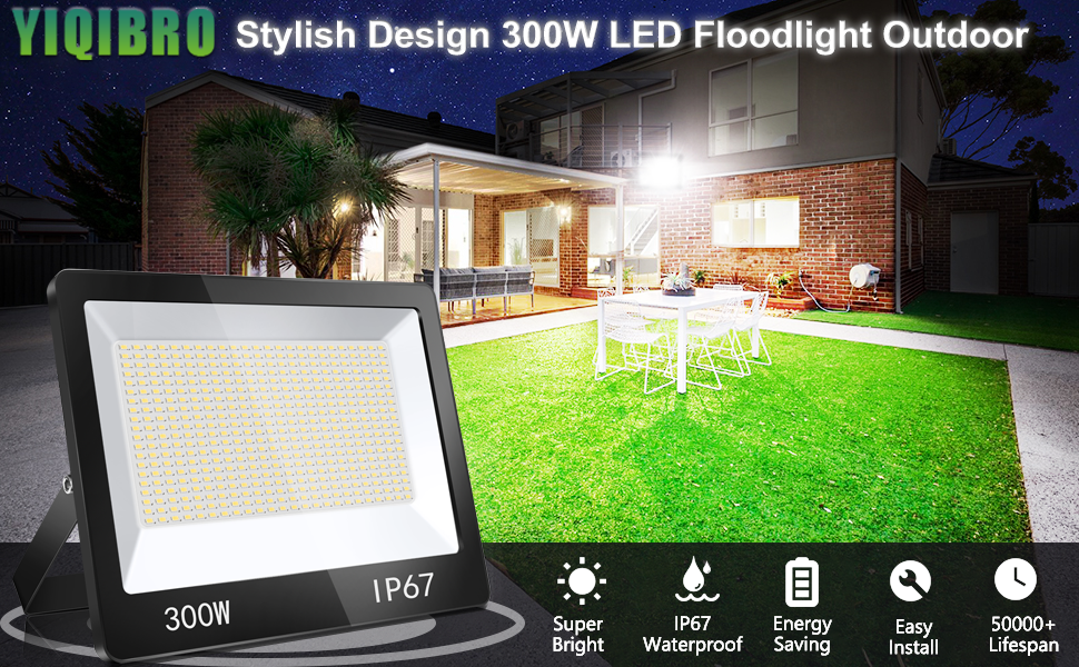 YIQIBRO LED прожектор для вулиці, 300Вт, IP67, 10000Лм, 6500K, холодне біле світло, водонепроникний, для складу, саду, гаража, двору, паркінгу