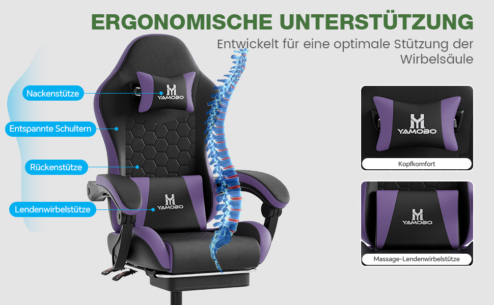 Ігрове крісло Racing Ergonomisch з підніжкою та масажним поперековим подушкою, навантаження до 150 кг, екошкіра, офісне крісло (Чорно-фіолетове)