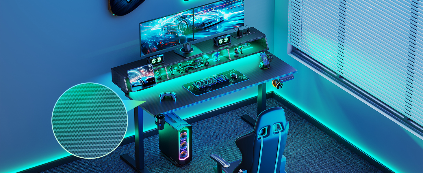 Офісний стіл для геймінгу OffiGo, 140 см, регулювання висоти, RGB LED, розетки, 3 стійкі місця для зберігання, тримач для напоїв та навушників, стільниця з карбонової поверхні (білий/чорний)