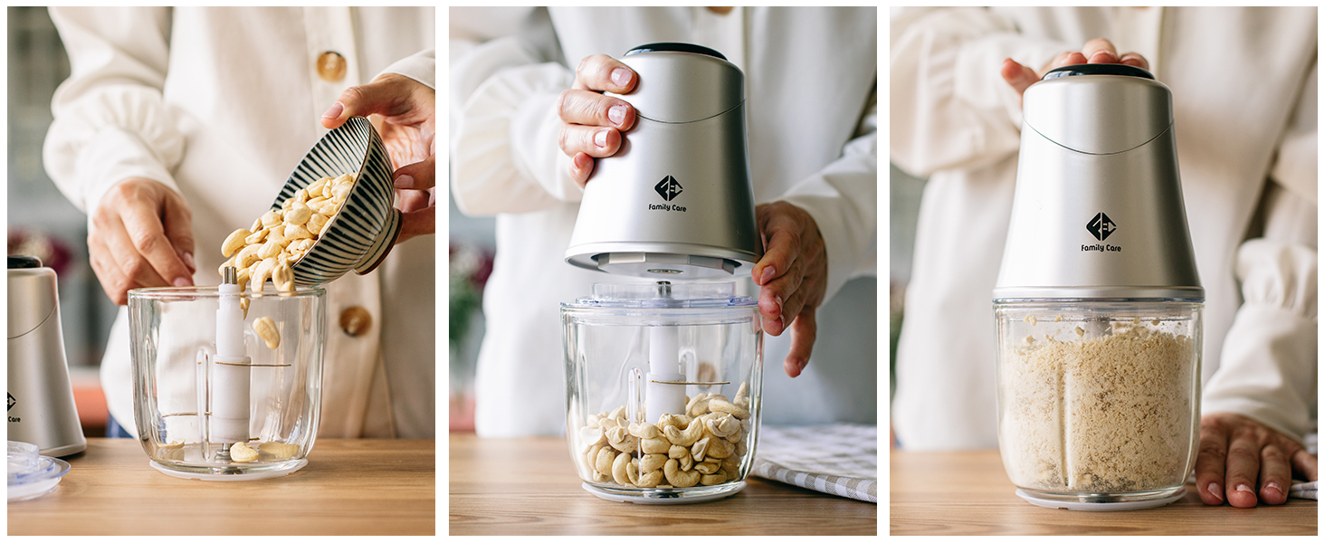 Електричний подрібнювач Family Care для кухні: 3 титанові леза, 300W, скляна чаша 600 мл, багатофункціональний, для м'яса, цибулі, овочів, горіхів, льоду