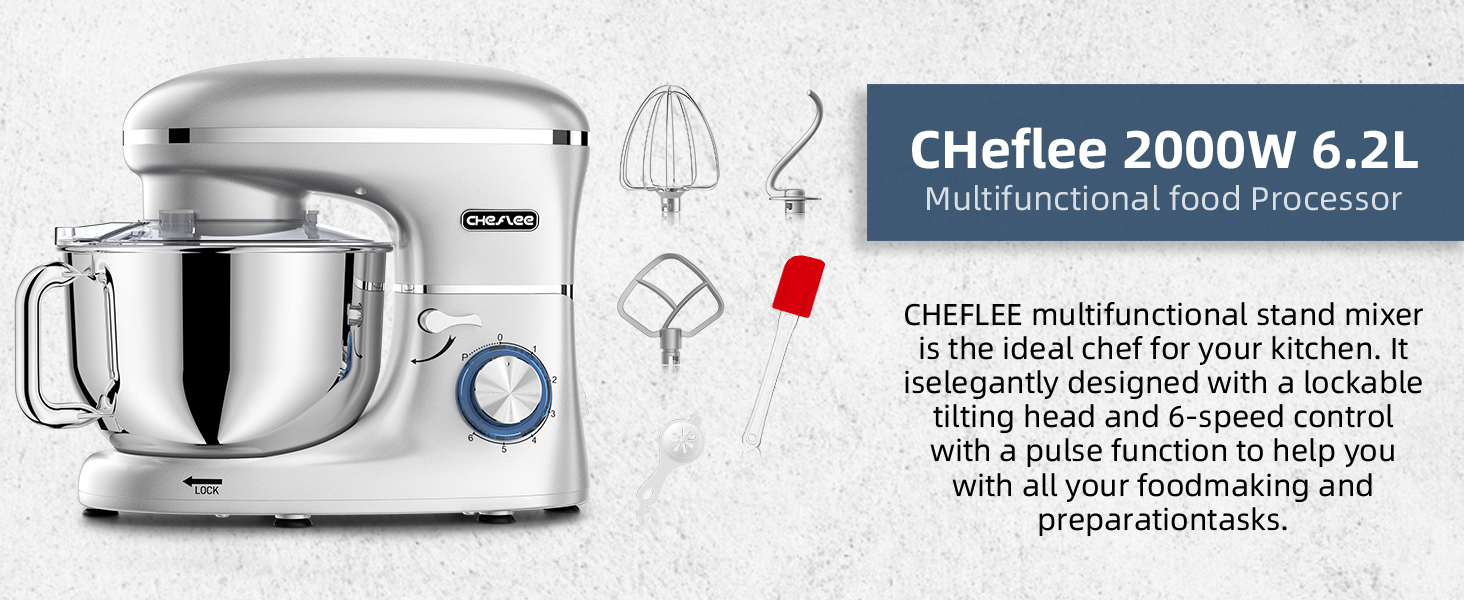Кухонна машина Cheflee 2000W з чашею 6.2L з нержавіючої сталі, 6 швидкостей, низький шум, міксер, гак для тіста, захист від бризок, срібна