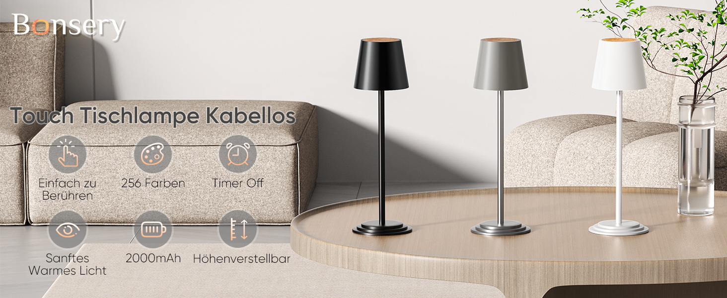 Настільна лампа бездротова акумуляторна 5200mAh, металева, з димером та регулюванням висоти, чорна з дерев'яними елементами для дому та кемпінгу