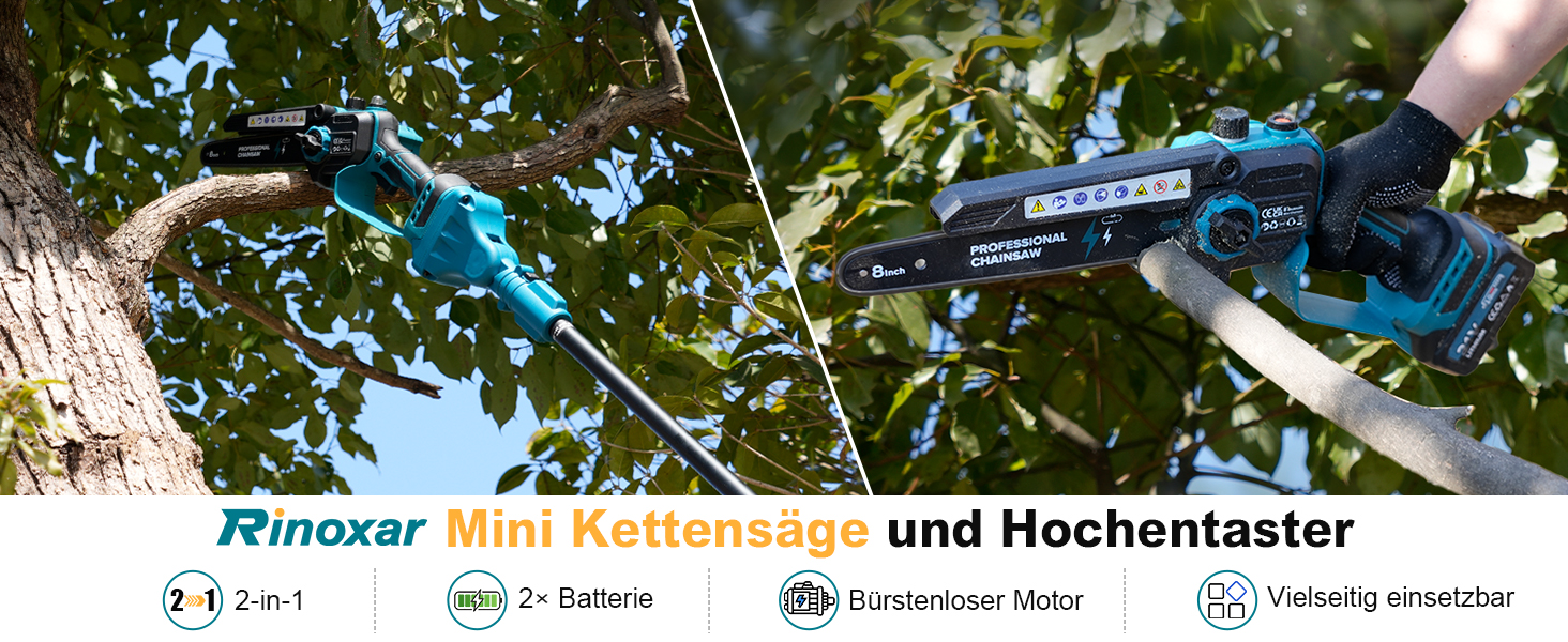 Міні-ланцюгова пила електрична 8 дюймів з 2 акумуляторами 21V 8000mAh, безщітковий двигун 1200W, ручна акумуляторна пила для обрізки гілок та садових робіт (Ceruleanblau)