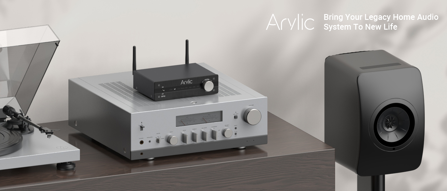 Arylic BP50 Bluetooth 5.2 Аудіоприймач для стереосистем з aptX, HDMI ARC, Phono входом та Free App. Bluetooth аудіоадаптер з DAC, RCA виходи для AV-ресивера або стерео-попереджувача.