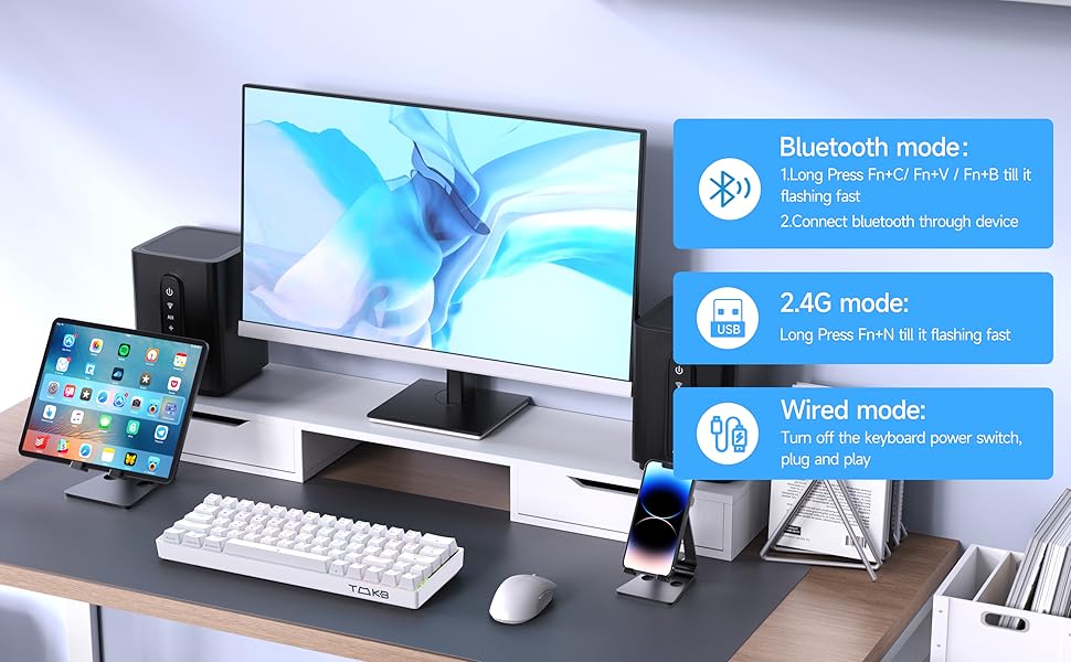 Ігрова клавіатура TMKB T63 з механічними синіми вимикачами, Bluetooth/2.4G/з кабелем