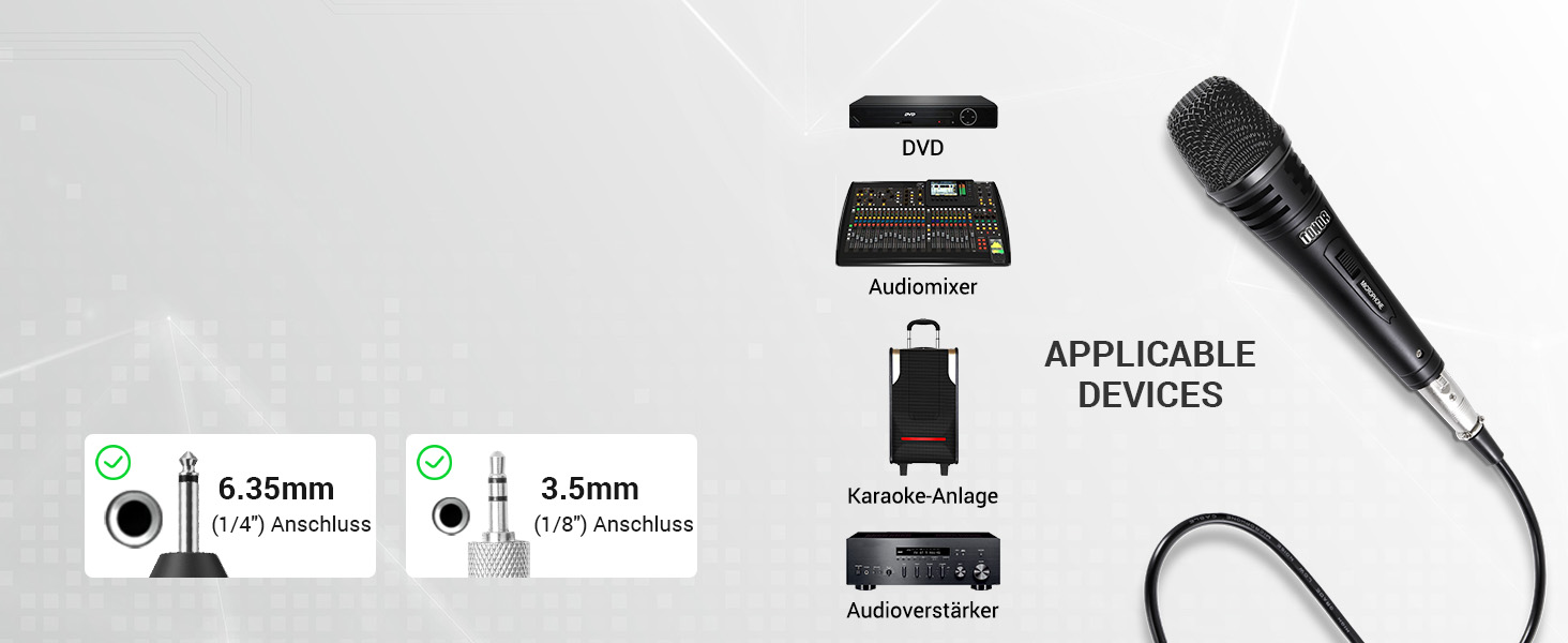 Динамічний мікрофон TONOR з XLR кабелем 5м та адаптером 6.35мм для караоке, сцени, студії та домашнього використання. Чорний