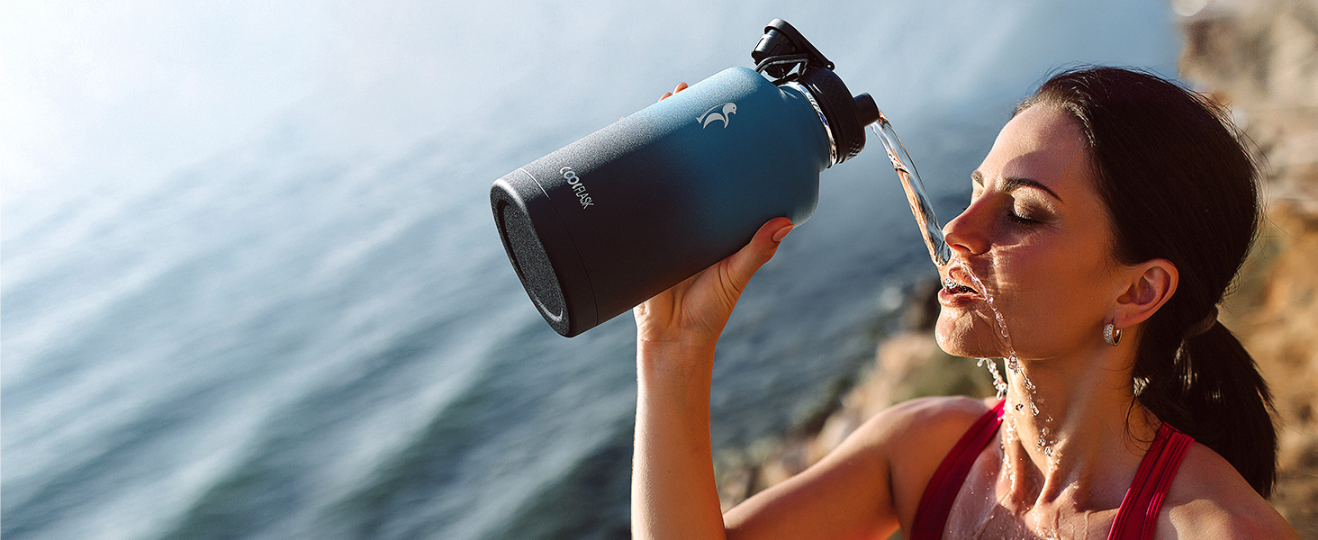 Термос пляшка для води Coolflask 2 л з трубочкою та 3 кришками, ізольована сталева спортивна пляшка з подвійною вакуумною ізоляцією, не протікає, чорна для спорту та офісу