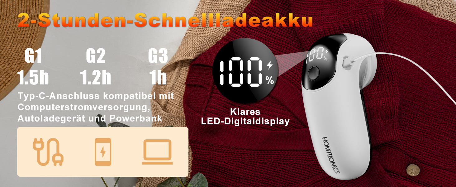 Електричний видалення ворсу для одягу, меблів та текстилю - портативний бездротовий пристрій з LED-дисплеєм та 3 рівнями налаштування