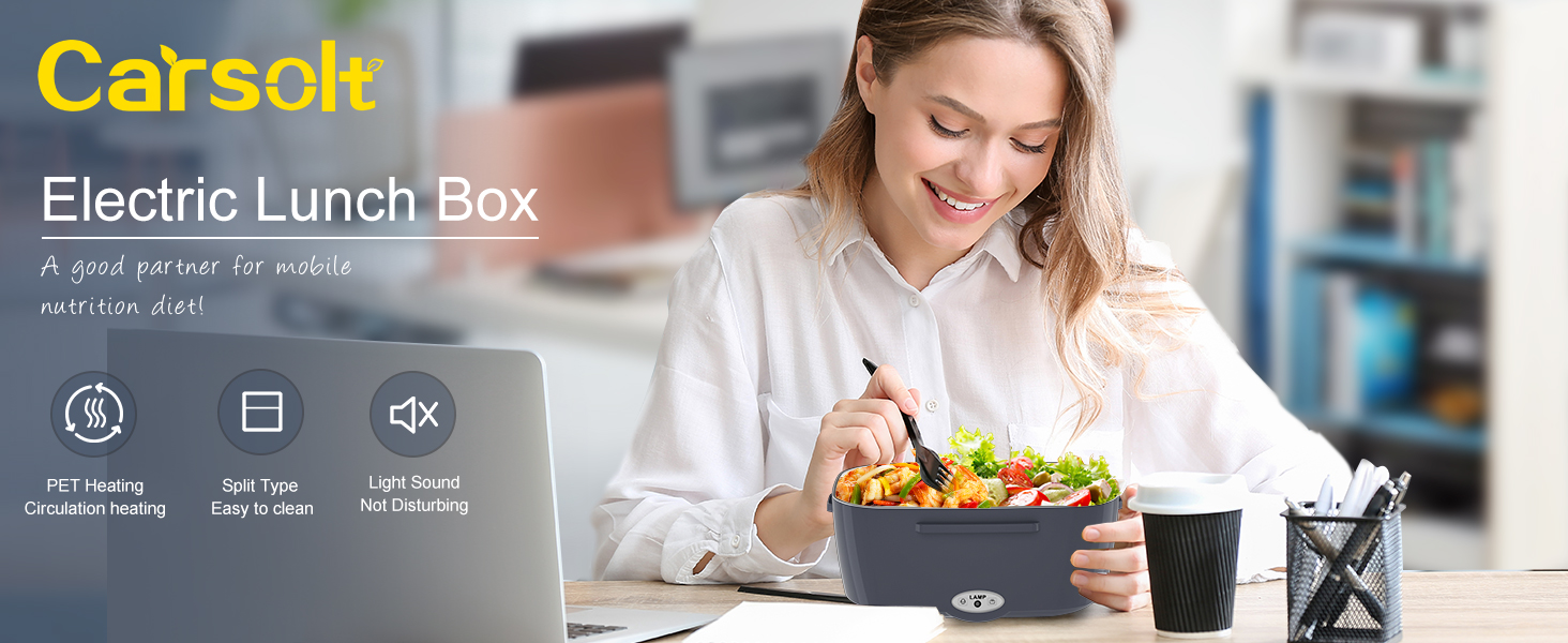 Електрична ланчбокс Carsolt 80W 1,5L з 3 функціями (нагрівання, термобокс, ланчбокс) для авто, офісу та дому. Висока якість, сірий колір, 12V/24V/230V, знімний контейнер. Безпечна від протікання.