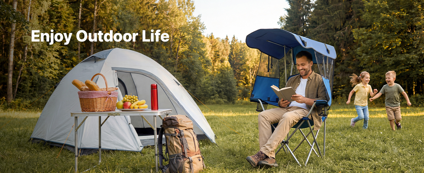 Складний стілець VEVOR для кемпінгу, риболовлі та пікніків, 150 кг, з парасолькою, підсклянниками та кишенею для журналів, темно-синій