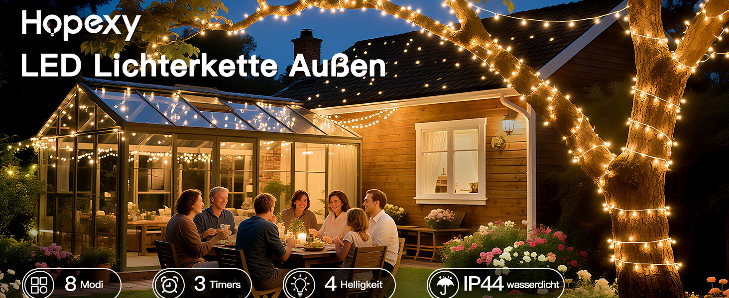 Ланцюжок прикрас Hopexy 10 метрів, 100 LED, тепле біле світло, з пультом, таймер, IP44, 8 режимів, для дому, саду, балкону, весілля, кемпінгу