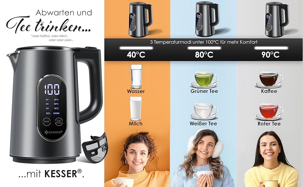 KESSER® Stainless Steel Kettle 1.7 Liter | LED Display | 4-Mode Temperature Setting 40°C-100°C | 30-Minute Keep Warm | Electric Tea Kettle 2200W BPA-Free | Scale Filter & Easy-Open Lid, Anthracite
