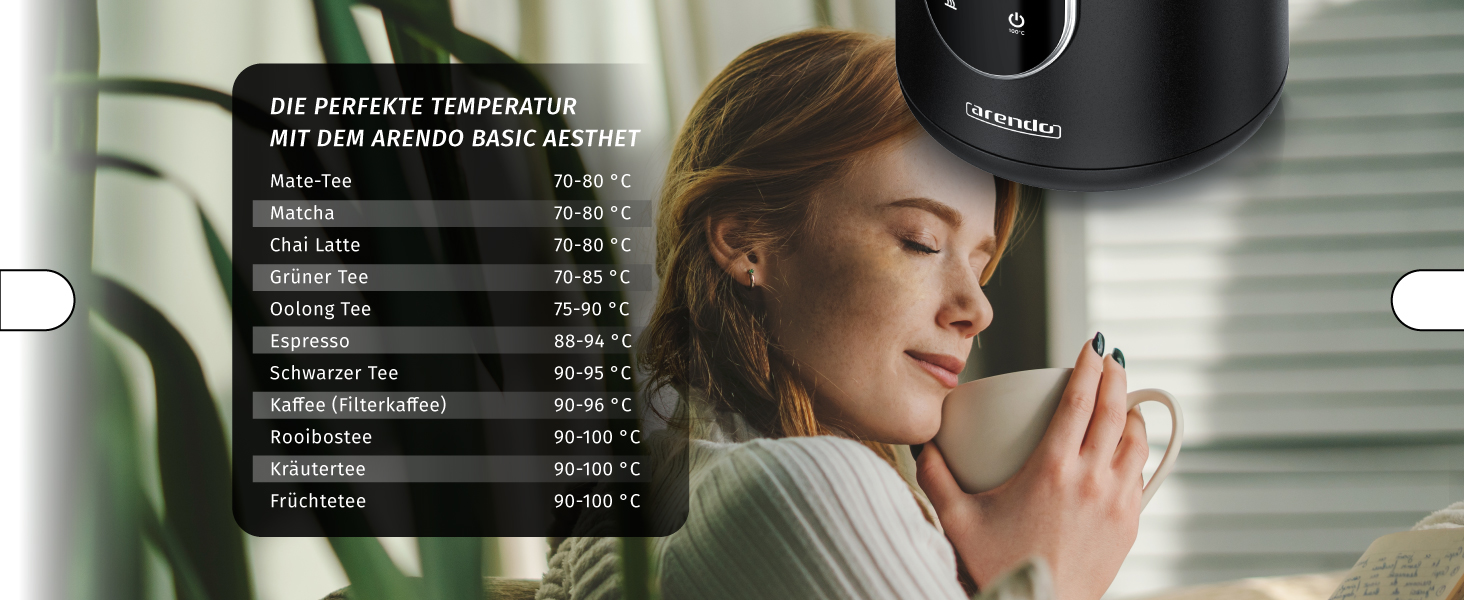 Електричний чайник Arendo з регулюванням температури, нержавіюча сталь, подвійні стінки Cool Touch, дисплей, бездротовий, 2200 Вт, 1,7 л, захист від перегріву, функція підтримання тепла, чорний