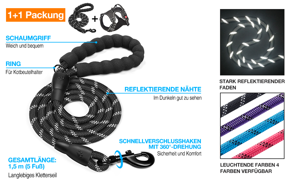 Нашийник для собак Haapaw без натягу, регульований, світловідбиваючий, Оксфорд, зручне керування, середній розмір, міцний поводок у подарунок, чорний (1 шт.)