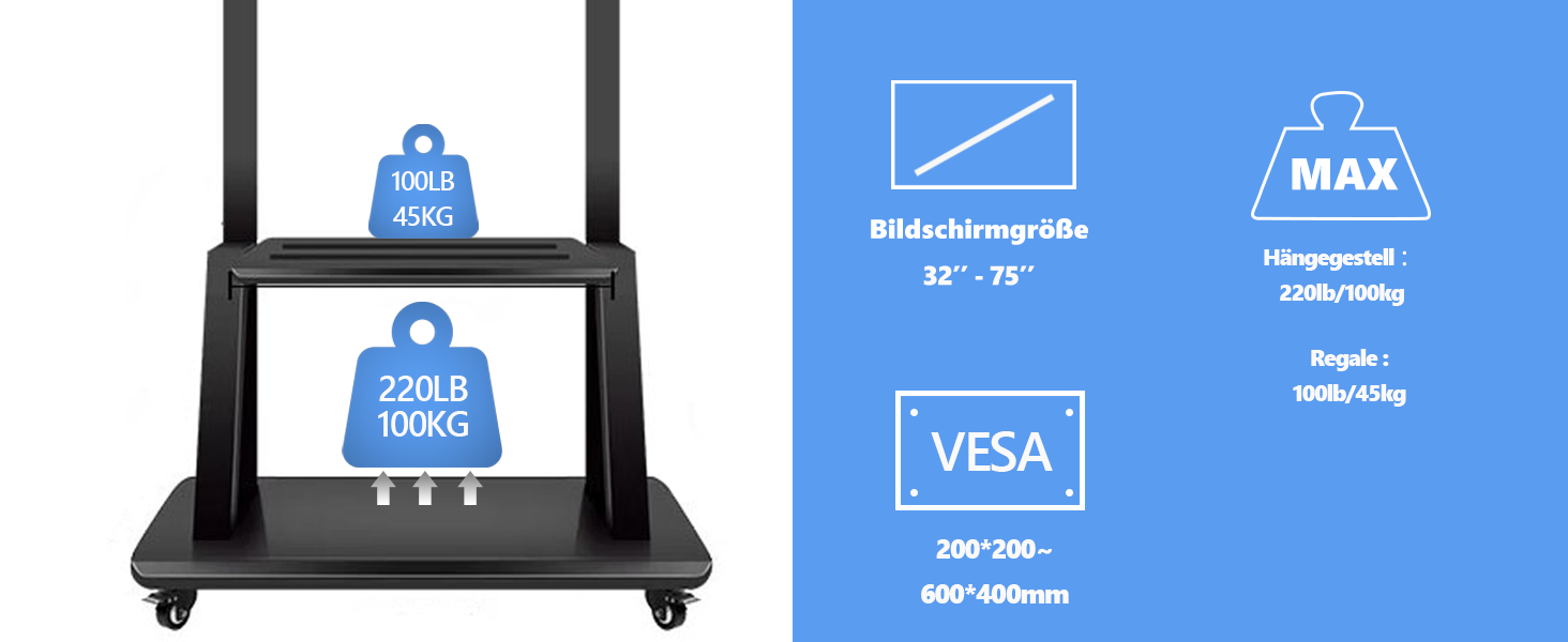 Мобільна тумба під телевізор Hellsehen на колесах, регульована висота, для LCD/LED/OLED 32-75 дюймів, підлогова стійка для смартборду