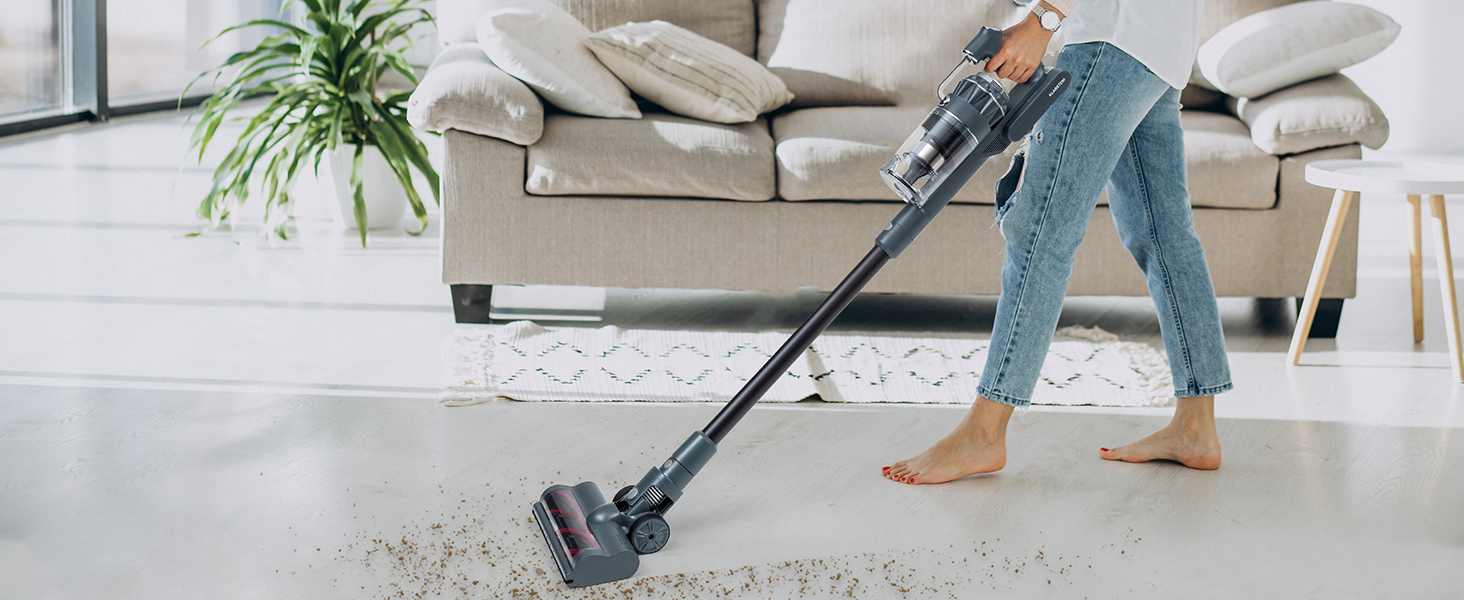 Бездротовий акумуляторний пилосос Klarstein без мішка з 4-ступеневим фільтром E12 EPA, для шерсті тварин, килима та твердих підлог, вертикальний пилосос без мішка з насадкою для підлоги 180° (сірий)