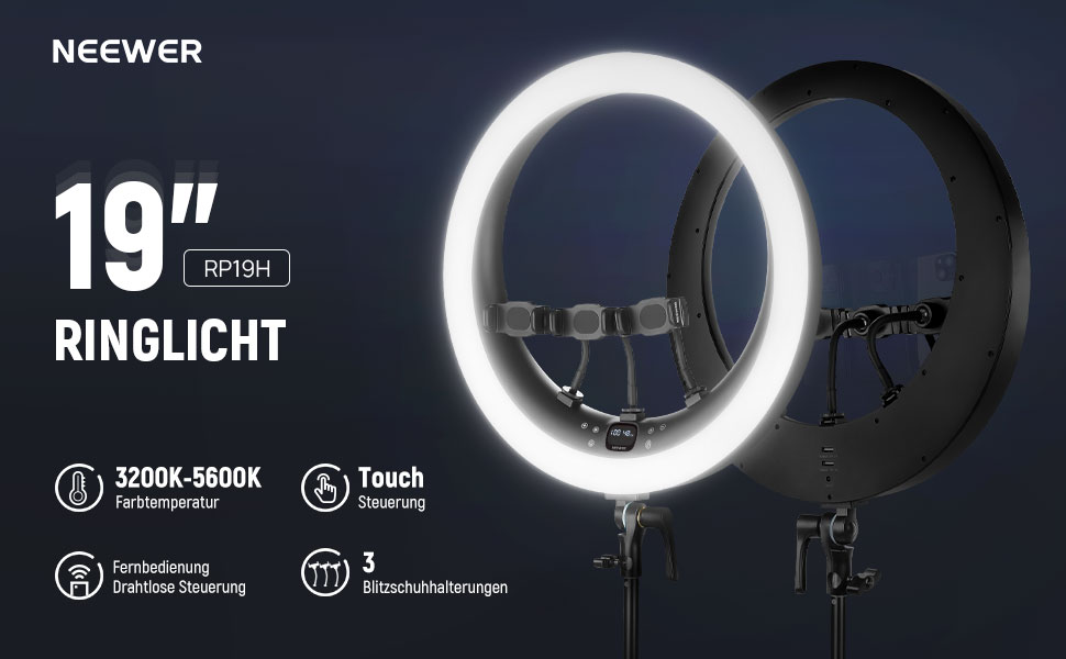 NEEWER Ringlicht RP19H 19 дюймів з триподом та 3 тримачами для телефону, дистанційне керування 2.4G, плавне регулювання яскравості, LCD та сенсорне керування, 42W CRI 97+ 2540 Lux, для стрімінгу, дому, офісу, Zoom, освітлення, кільцева лампа з пусковим пристроєм (кріплення для телефону, серветка для очищення)
