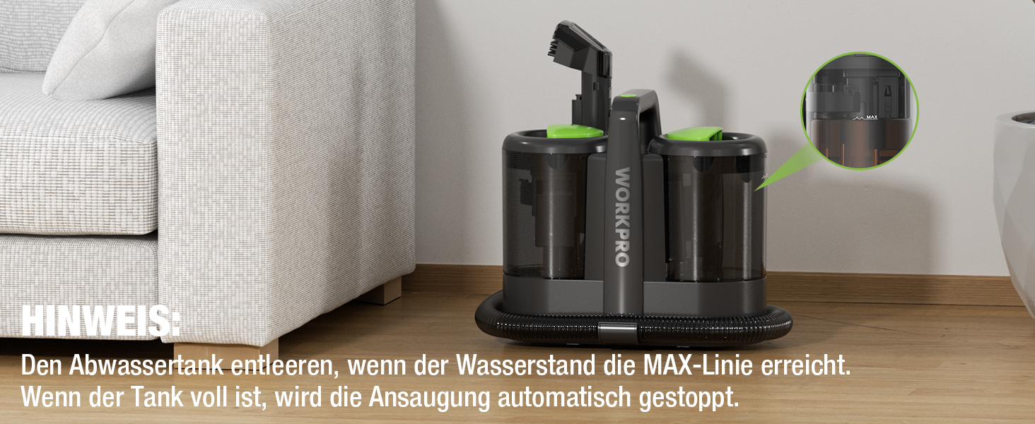 WORKPRO Мийний пилосос 450W 13kPa, 1.6L з миючим засобом та 2 насадками, для чищення килимів, меблів та авто