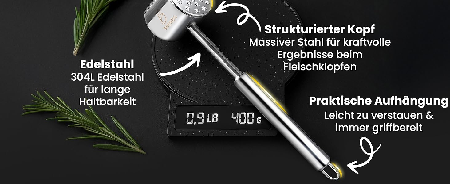 Преміум Fleischklopfer від Brendo: м'ясорубка з масивного нержавіючої сталі, двостороння, з плоскою та зубчастою поверхнею для будь-якого м'яса, + E-Book рецептів, придатна для миття в посудомийній машині, шніцельниця