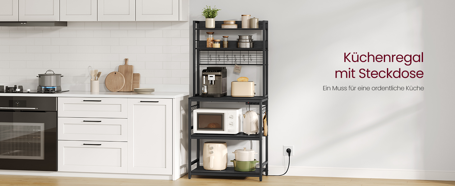 Стелаж кухонний VASAGLE з розетками, для мікрохвильової печі, з решіткою, 14 гачків, 40 x 80 x 170 см, антрацит-чорний