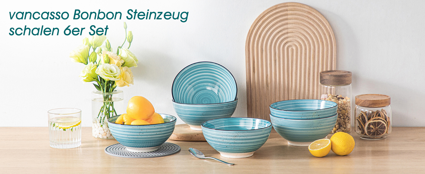 Набір керамічних мисок Vancasso Bonbon (6 шт., 840 мл) – для супу, салату, пасти, мюслі. Керамічні миски для кухні, дому та ресторану, блакитні