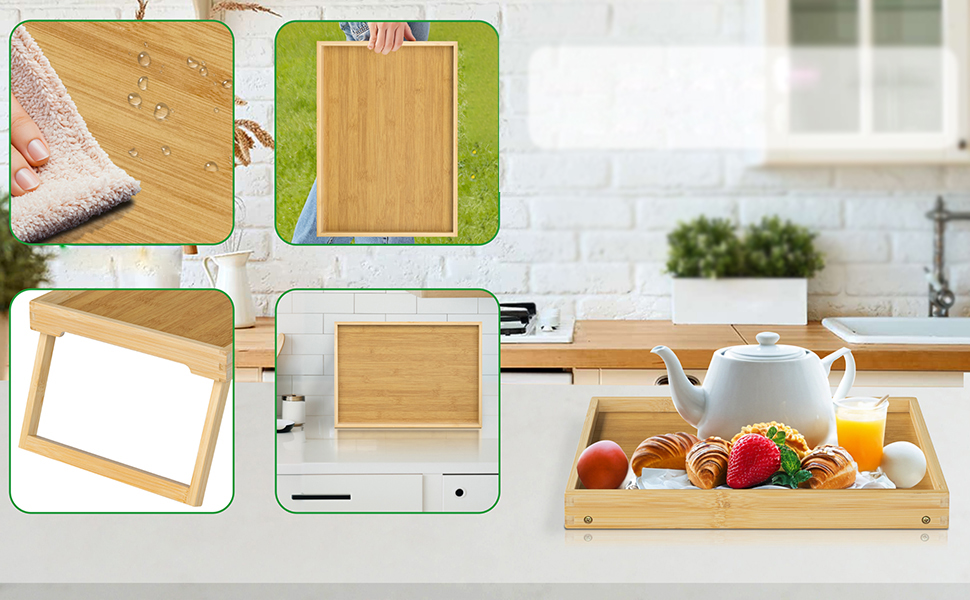 Набір столових тасочок з підніжками, бамбукові таці для їжі, сніданку в ліжку, сервірування, ноутбука, вечері в ліжку (2 шт.) (Білий, Бежевий)