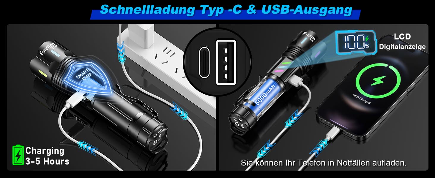 Ліхтарик LED акумуляторний, 500 000 люмен, тактичний, з регулюванням фокусу, 5 режимів, для кемпінгу, матовий чорний