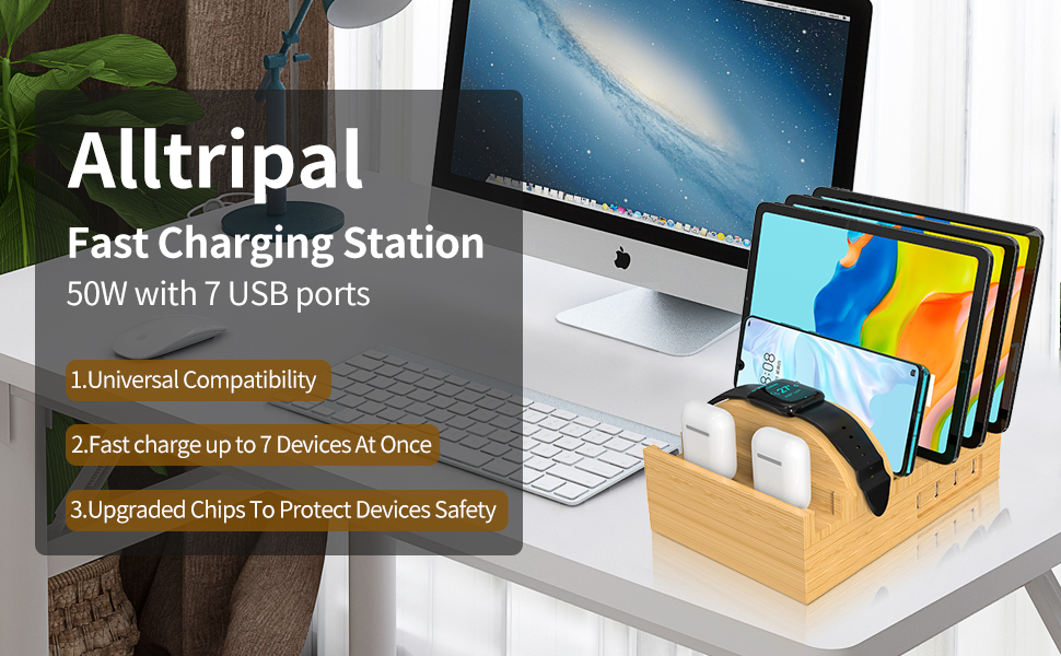Багатофункціональна заряджна станція 5-в-1 з бездротовою зарядкою, світлом та годинником, бамбук, сумісна з годинниками, AirPods, Samsung Galaxy та іншими пристроями