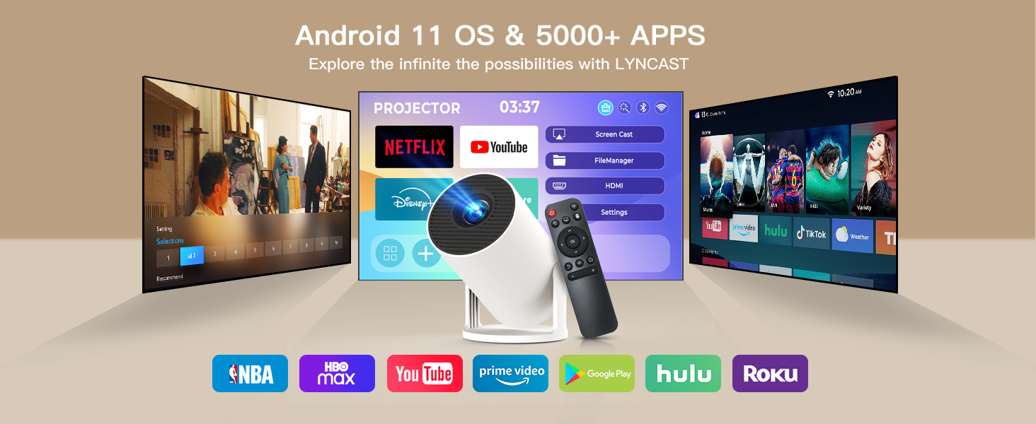 Портативний проєктор LYNCAST з Wi-Fi, Bluetooth та Android 11, 1080P/4K, поворотний на 180°, для дому та на відкритому повітрі (OptiBarrel 005 White)