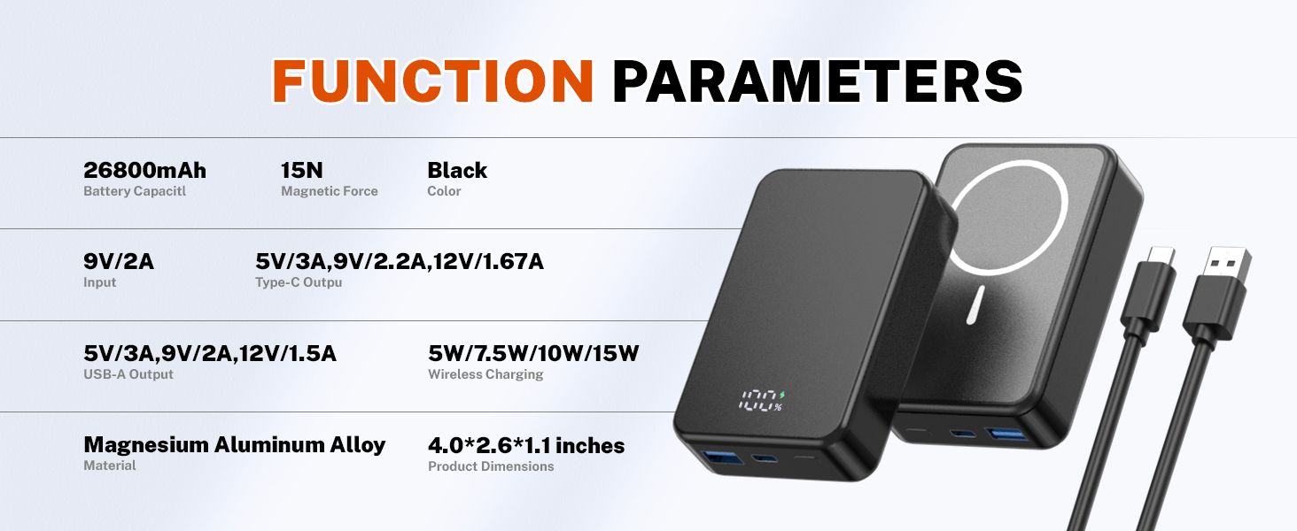 Магнітний портативний Power Bank 26800mAh з USB-C, для iPhone 16/15/4/13/12 та Android, сірий/чорний