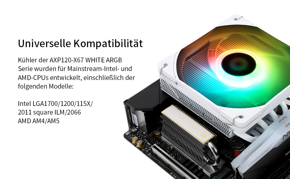 Thermalright AXP120-X67 White ARGB: Низькопрофільний кулер для CPU з 6 тепловими трубками, PWM вентилятор, підтримка AM4/LGA 1700/1150