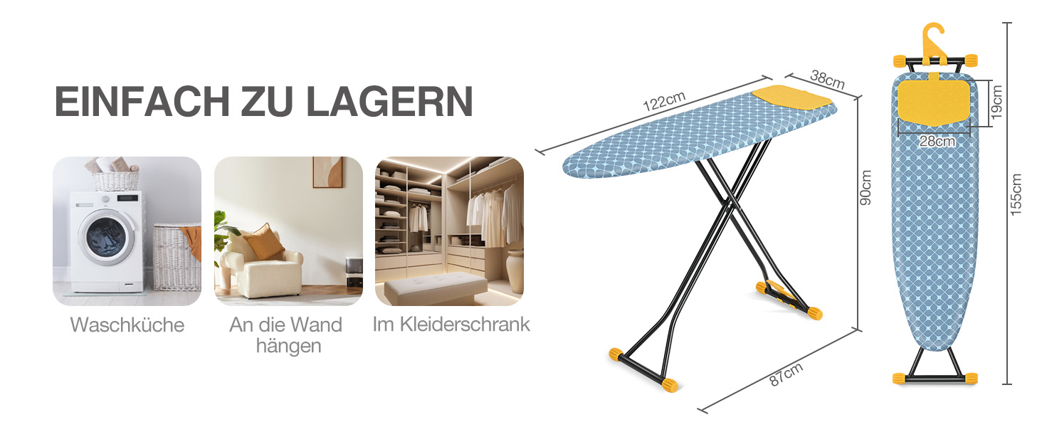 KINGRACK Прасувальна дошка з інтегрованою підкладкою з силікону, компактна та економна, з надзвичайно товстою поверхнею, 7 рівнів регулювання висоти, для підвішування на стіну та у шафу – 38x121 см, жовта