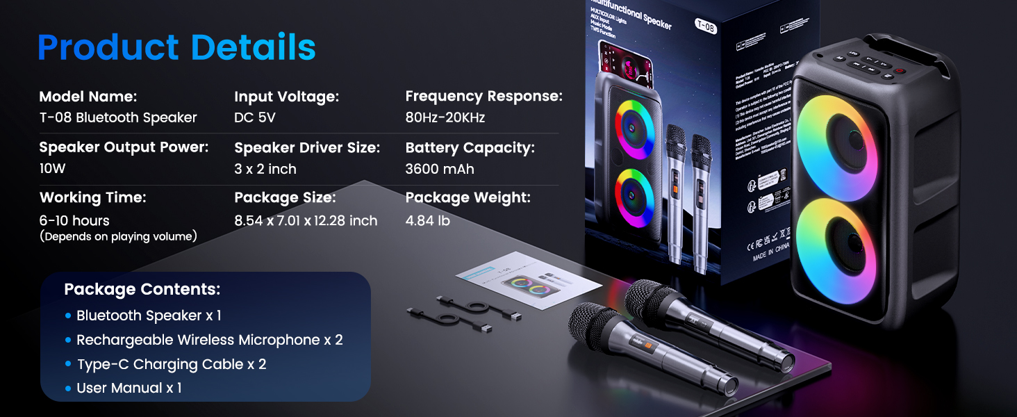 Караоке машина з 2 мікрофонами, портативна Bluetooth колонка з LED-підсвіткою, чорна