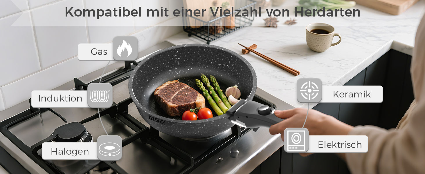 Набір кухонного посуду YASHE 15 предметів: каструлі та сковорідки з гранітно-посудовій поверхні, знімні ручки, складаний, легко миється, сумісний з індукцією, газом та склокерамікою, білий (сірий)