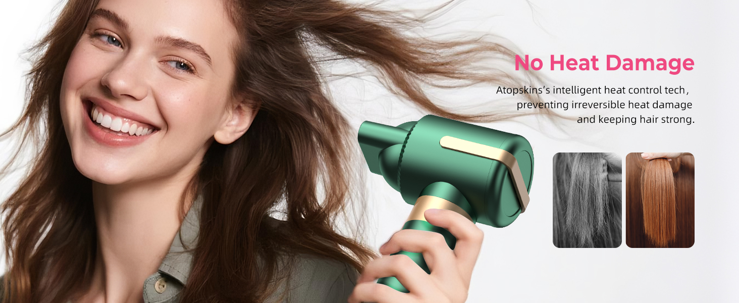 Airstyler Pro 7-в-1: Фен-щітка, плойка, випрямляч, стайлер для волосся Atopskins, 11000 обертів, з насадкою-дифузором, для створення об'єму, локонів та випрямлення, зелено-золотий