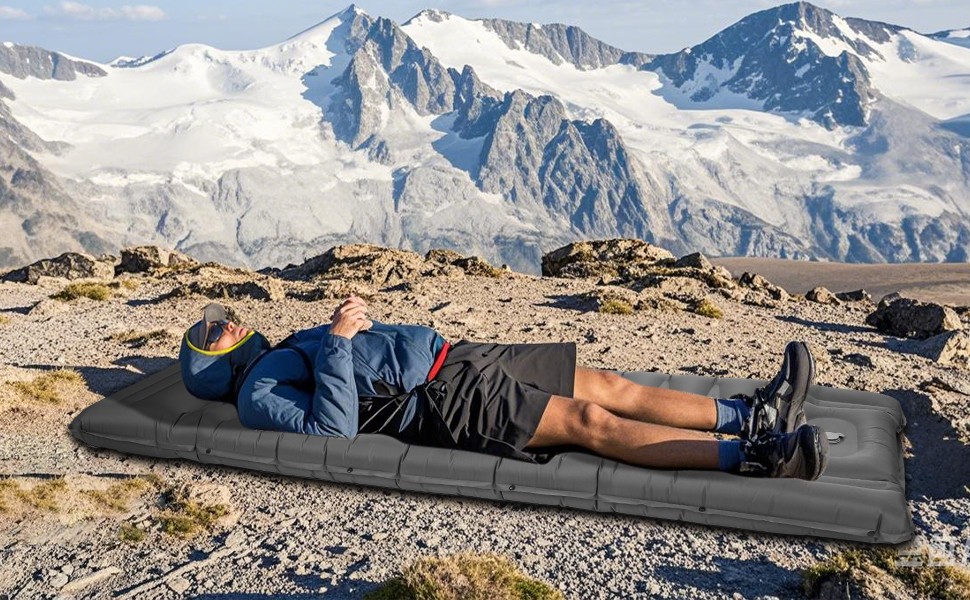 Tixexo Self-Inflating Sleeping Pad - Camping Air Mattress with Foot Pump - 13cm Thick, Spliceable, Outdoor Hiking & Camping Cushion - Grey
