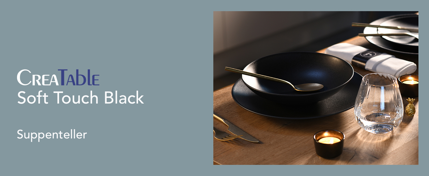 CreaTable Серія SOFT TOUCH BLACK: 20-Piece Geschirrset з порцеляни, для посудомийної машини та мікрохвильової печі, виготовлено в Португалії