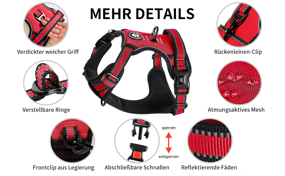 Нашийник для собак середніх порід NESTROAD, розмір M, червоний. Анти-тягнучий нашийник, обхват шиї 33-43 см, обхват грудей 43-64 см. Безпечний нашийник для собак з підкладкою