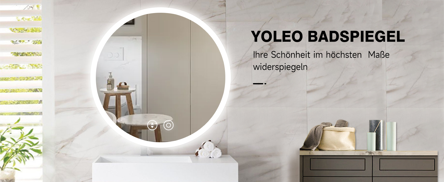 Круглий дзеркало для ванної кімнати YOLEO з підсвічуванням, 60 см, сенсорне керування, захисне скло, 3 кольори світла, регулювання яскравості, 60x60 см