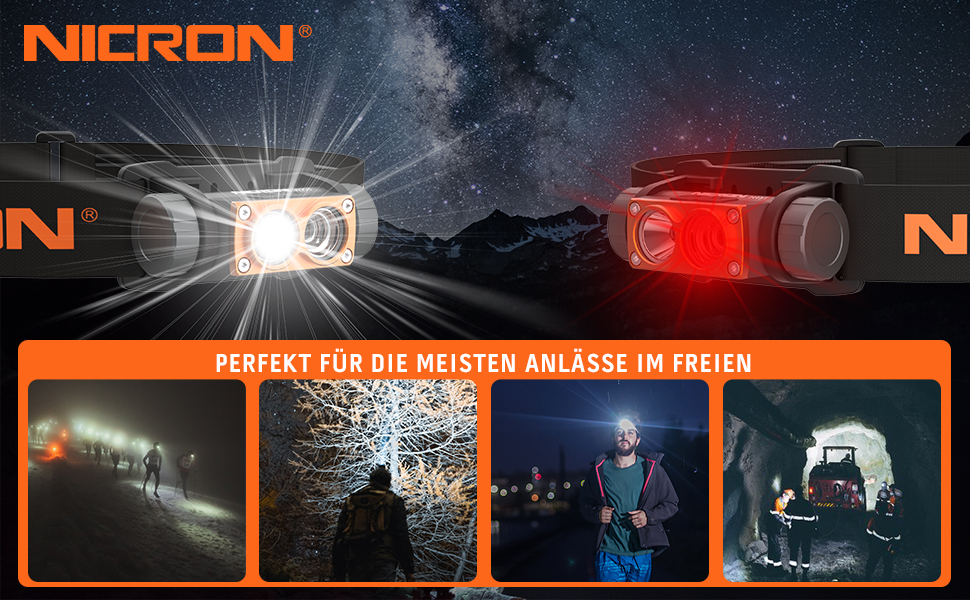 Лобовий ліхтар NICRON H15T LED з червоним світлом, USB акумуляторний, 500 люмен, водонепроникний IP67 для риболовлі, нічних прогулянок, археології