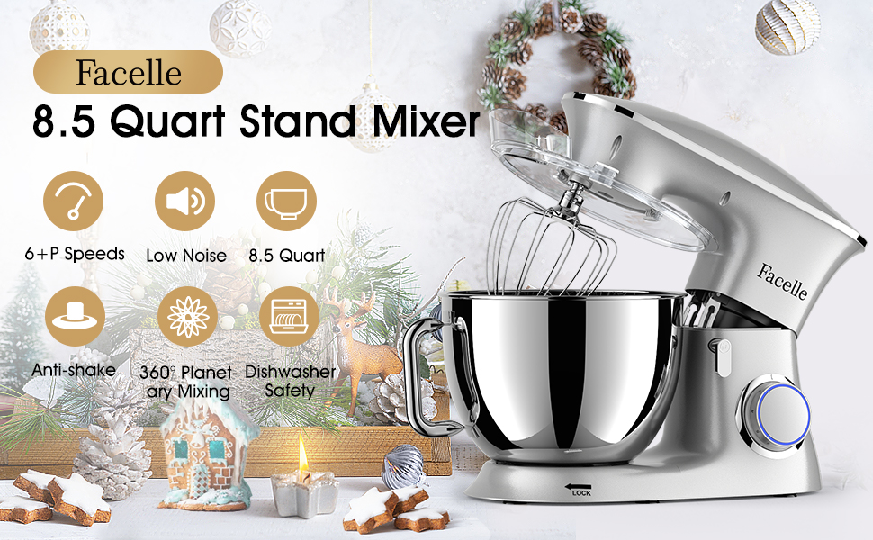 Facelle 2000W 8.5L Stand Mixer - Heavy Duty Dough & Bread Machine with Whisk, Dough Hook, Beater & Splash Guard for Baking Cakes, Cookies & Kneading - 6+ Speed (Silver)