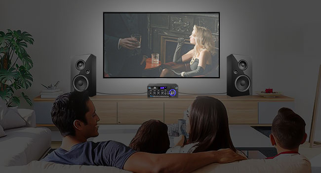 KKMOL AK45 Міні Hi-Fi стерео підсилювач Bluetooth, 400 Вт, 2-канальний, цифровий аудіо підсилювач з USB, SD, радіо, пультом, 12V/220V
